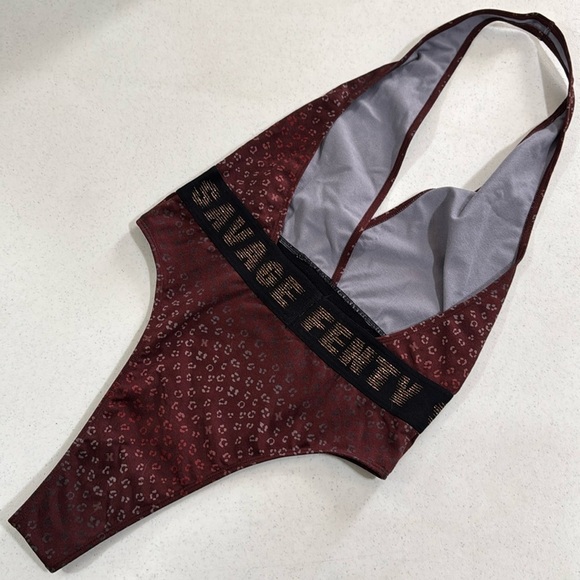 Savage x Fenty New Baby Leopard Plunge Halter Bodysuit High Cut Bottoms Wine EUC - Picture 2 of 9